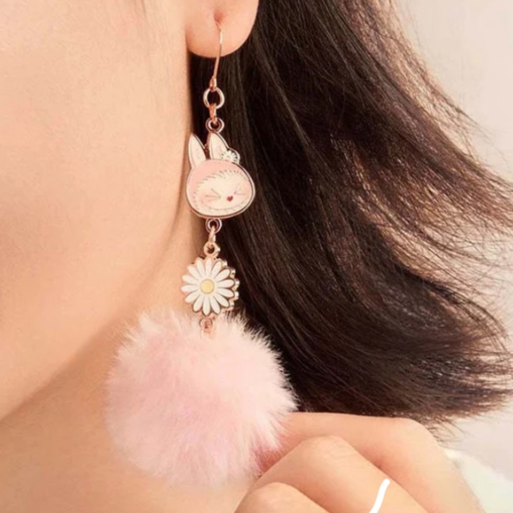 Authentic Pop Mart Labubu Mokoko Warm Fluffy Holiday Pompom Pink Dangly Earrings